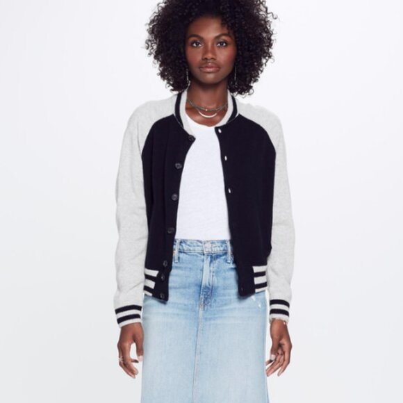 NEW Mother Denim The Letterman Sweater cashmere cardigan jacket navy gray XS - Picture 2 of 11